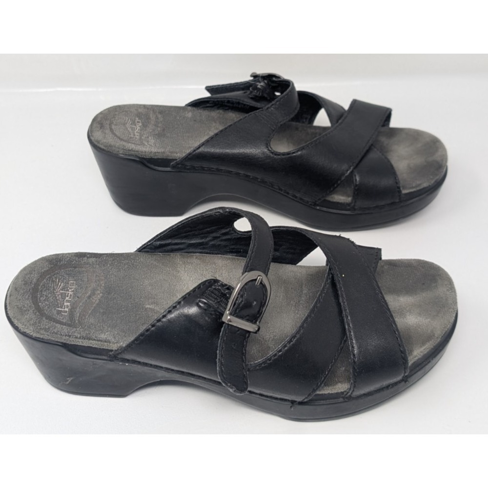 Dansko Black Leather Strappy Wedge Sandals Women's 36 US 5.5 - 6 Criss Cross
